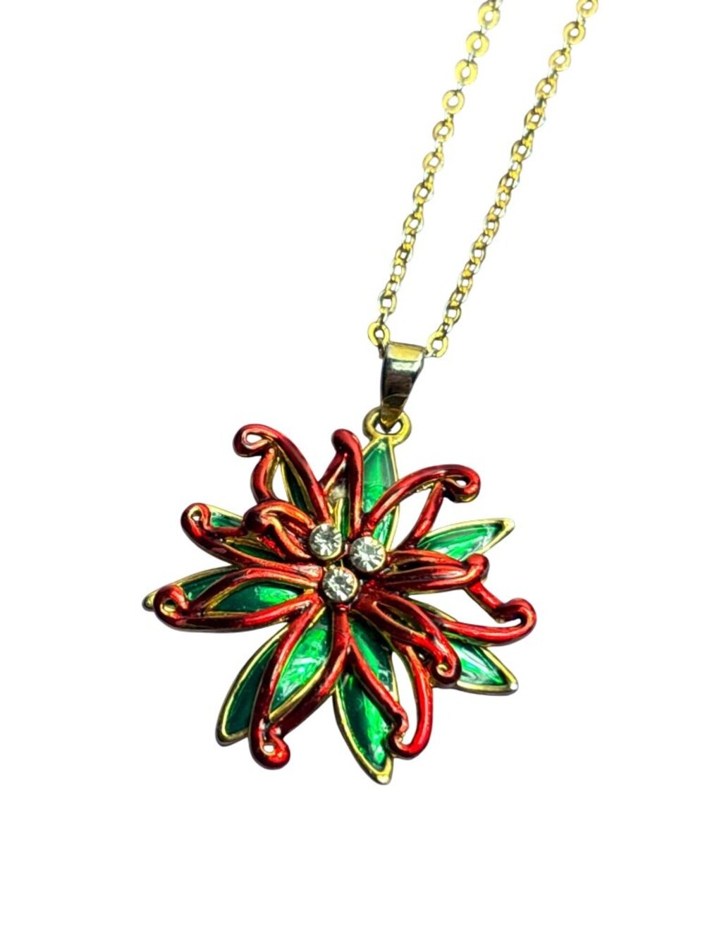 2008 FL Signed Poinsettia Flower Pendant Necklace Red Green Enamel Rhinestones